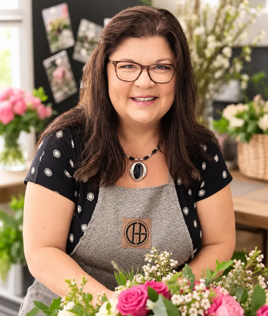Anne in glasses and a grey apron, smiling at her workbench behind pink roses and white waxflower.
