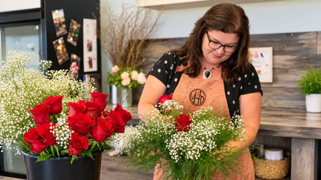Anne at her bench in a monogrammed apron, arranging red roses and baby's breath beside a bucket of more red roses.