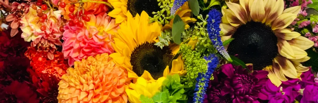 Close up of yellow sunflowers, orange and pink dahlias, blue veronica, red berries and purple blooms packed together.
